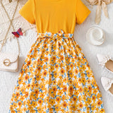 Girls Charming Short Sleeve Floral Splicing Dress - Lightweight & Comfortable for Summer Casual Wear - Perfect Gift Idea