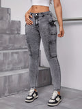 High Waist Long Length Skinny Stretch Cargo Jeans - Fashionable Snowflake Washed Grey Denim Pants with Preppy Style Side Pockets, Versatile and Comfortable for Weekend Casual Occasions