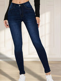 Women's Dark Blue Washed Plain Stretchy Skinny Jeans, Elegant Style, Denim Pants For Casual Wear