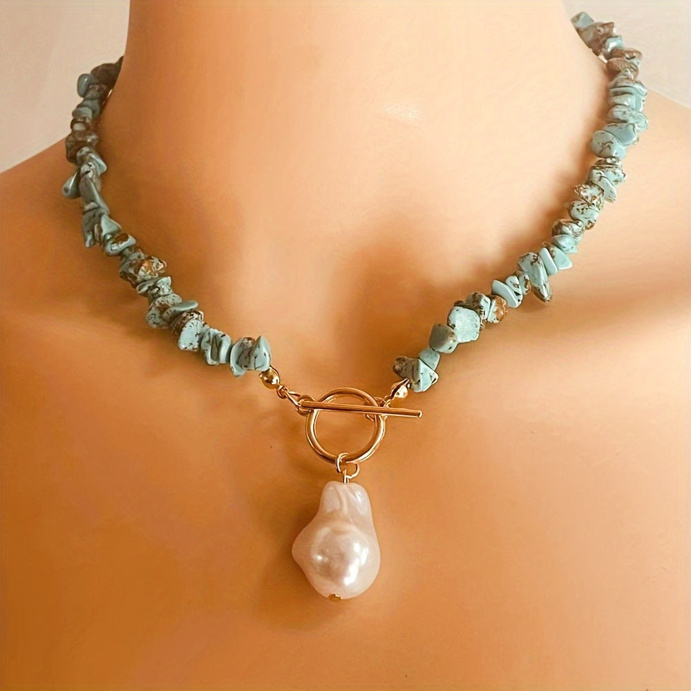 1pc Genuine Bohemian Chic Turquoise Crushed Stone Necklace - Handcrafted Freshwater Pearl Pendant, Unique Fashion Statement