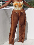 Weird Puss Tassel Chic Women Y2K Pants Hollow Ripped Trend Straight Wide Leg Pants Casual Streetwear Wild Skinny Bottoms 220704