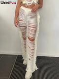 Weird Puss Tassel Chic Women Y2K Pants Hollow Ripped Trend Straight Wide Leg Pants Casual Streetwear Wild Skinny Bottoms 220704