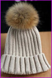 peopleterritory Racoon Fur Pompom Ball Knitted Beanie Hat