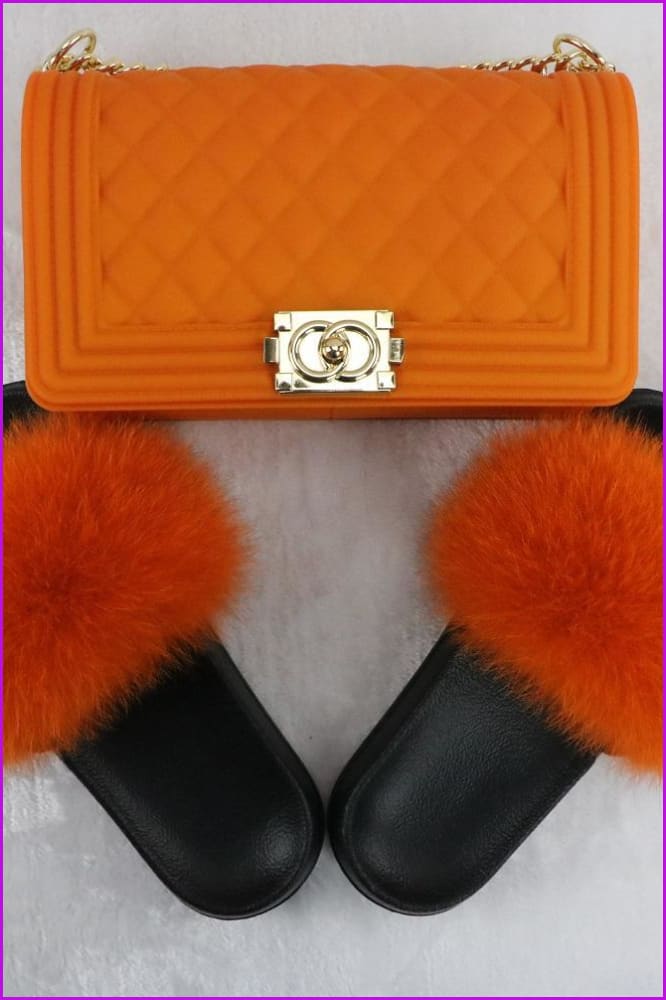 peopleterritory Ready Stock Orange Fur Slides & Bag Set F735