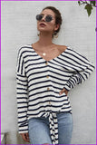 peopleterritory Single-Breasted Tie Wrap Striped Loose T-Shirt DB284