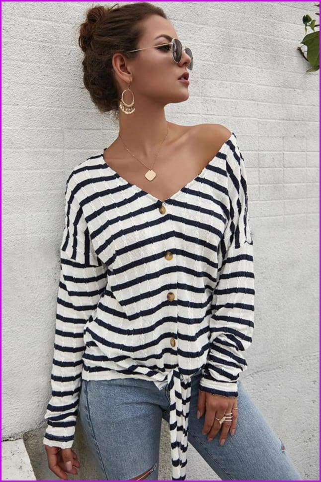 peopleterritory Single-Breasted Tie Wrap Striped Loose T-Shirt DB284