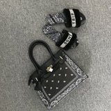 peopleterritory Black Bandana Print Lock Handbag And Faux Fur Slides Set