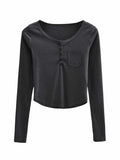 peopleterritory Casual Button Up Solid Long Sleeve Black T-Shirt