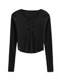 peopleterritory Casual Button Up Solid Long Sleeve Black T-Shirt