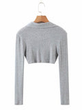 peopleterritory Casual V Neck Long Sleeve Cropped T-Shirt