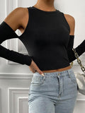 peopleterritory Chic Cold Shoulder Black Fitted Crop Women T-Shirt