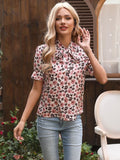 peopleterritory Chiffon Bowknot Neck Print Short Sleeve T-Shirt