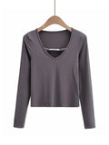 peopleterritory Fall Casual V Neck Long Sleeve Women T-Shirt