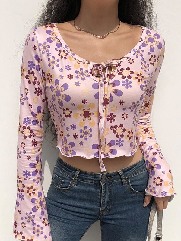 peopleterritory Floral Long Sleeve Flare Sleeve Cropped T-Shirt