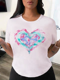 peopleterritory Heart Printed Crew Neck Short Sleeve T-Shirt