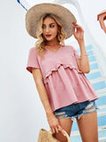 peopleterritory Lovely V Neck Ruffle Pink Women T-Shirt