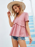 peopleterritory Lovely V Neck Ruffle Pink Women T-Shirt