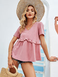 peopleterritory Lovely V Neck Ruffle Pink Women T-Shirt