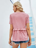 peopleterritory Lovely V Neck Ruffle Pink Women T-Shirt