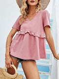 peopleterritory Lovely V Neck Ruffle Pink Women T-Shirt