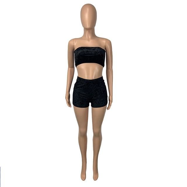 peopleterritory Velvet Strapless Crop Top+Biker Shorts Two Piece Set DC345