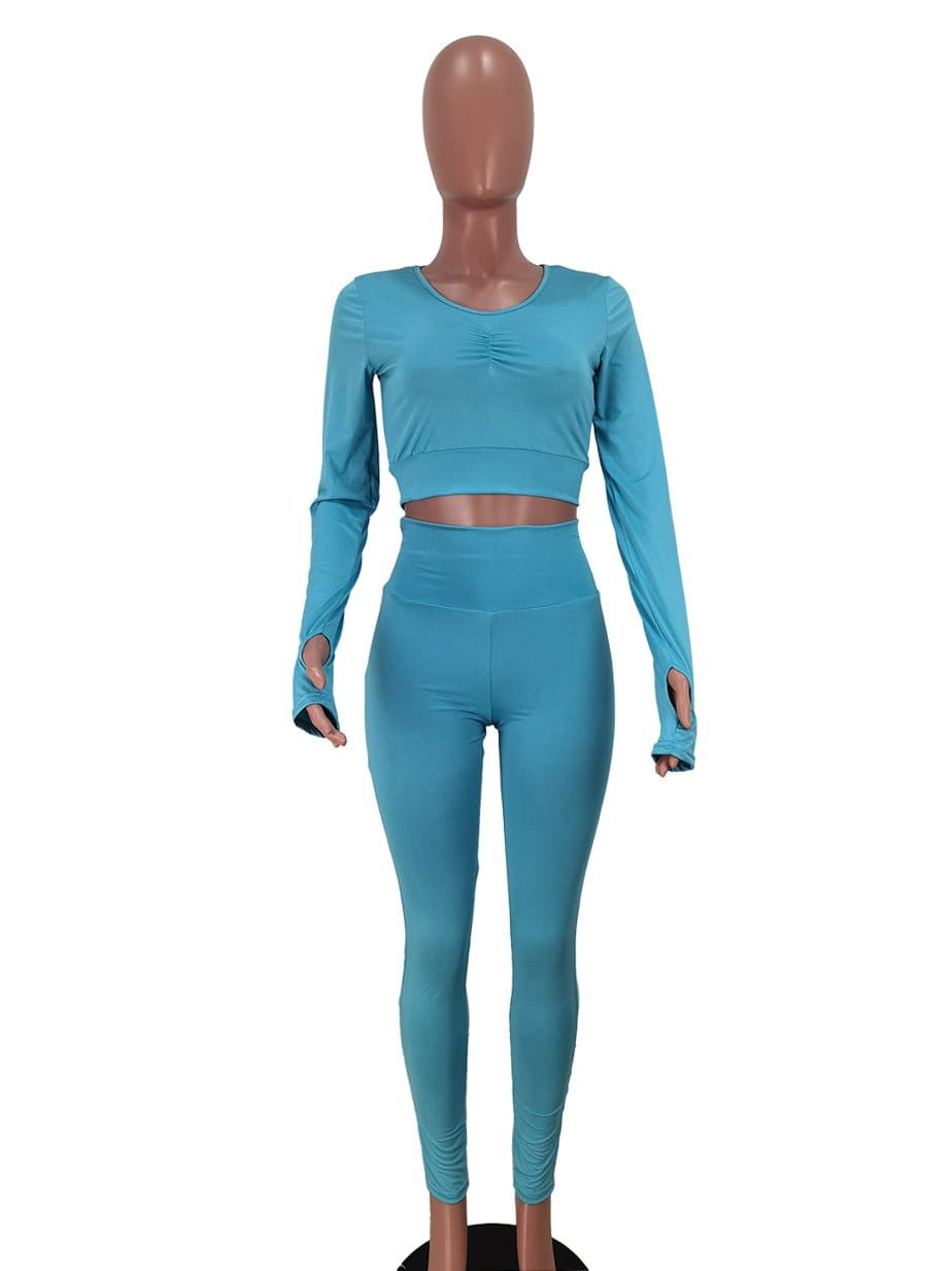 peopleterritory Yoga Blue Solid Cropped T-Shirt With Pant Sets