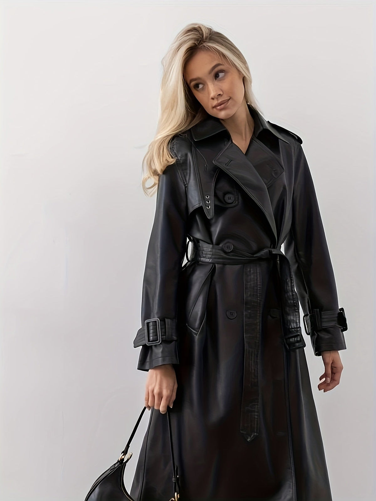 peopleterritory Faux Leather Belted Trench Coat FG3521