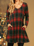 peopleterritory Women Christmas Plaid Print Loose Holiday Knee-Length V-Neck Sexy Dress PJ5