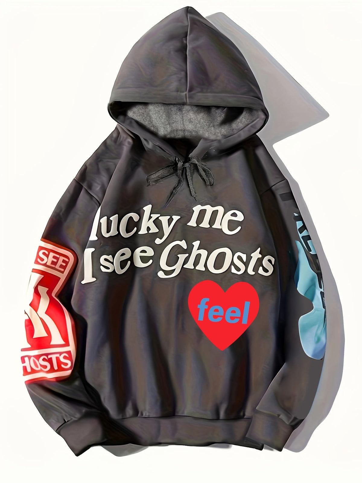 peopleterritory Lucky Me I See Ghosts Letter Graphic Casual Sports Sweatshirt EY4287