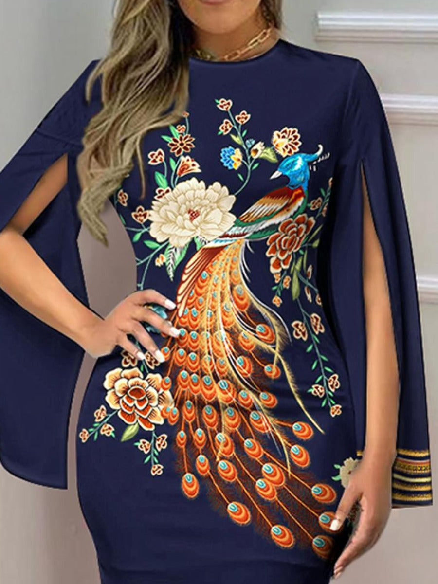 furdelashop Plus Size Peacock Floral Print Striped Bodycon Dress AT9060