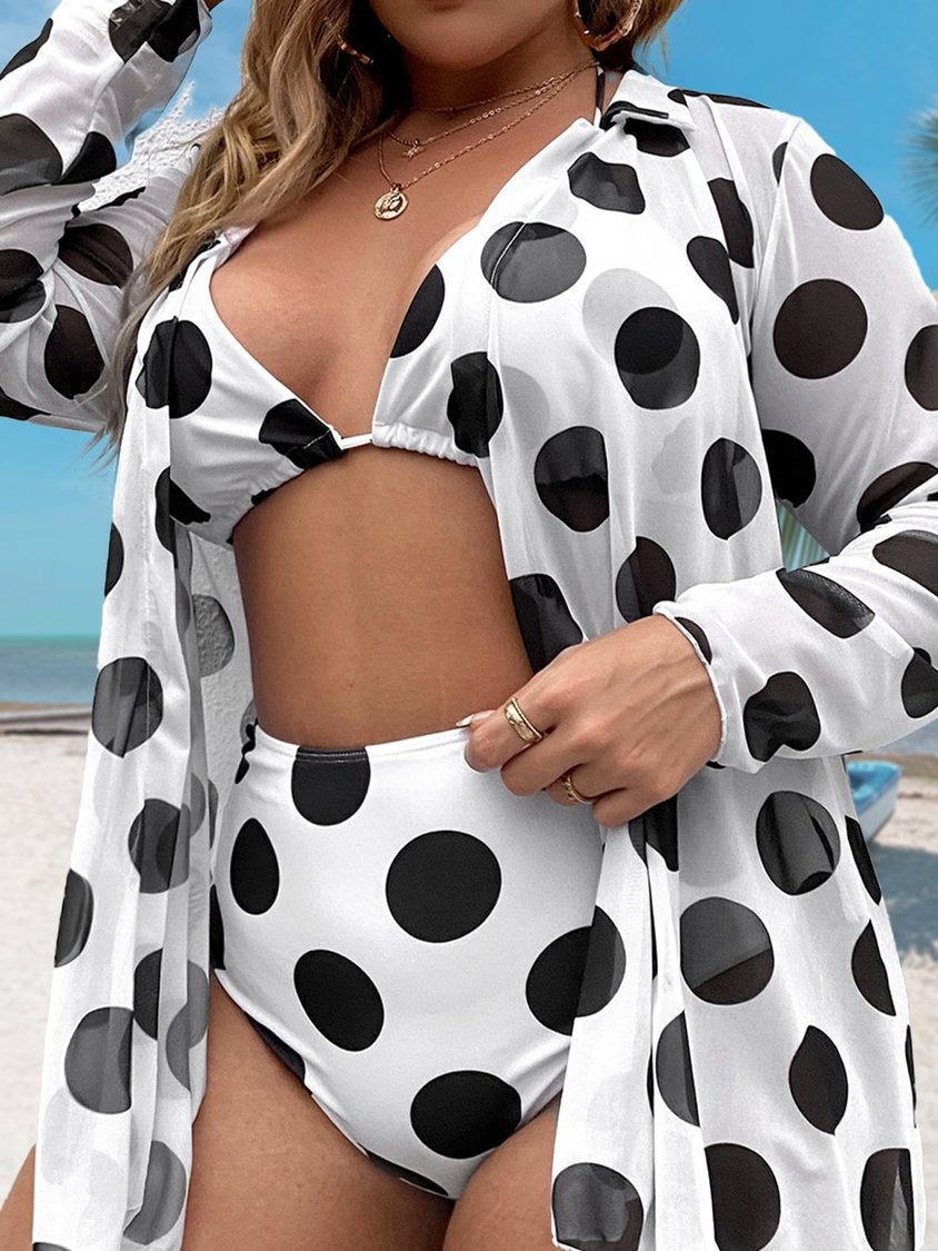 peopleterritory Sexy Polka Dots Printing V Neck Bikini With Cover Up QAJ1