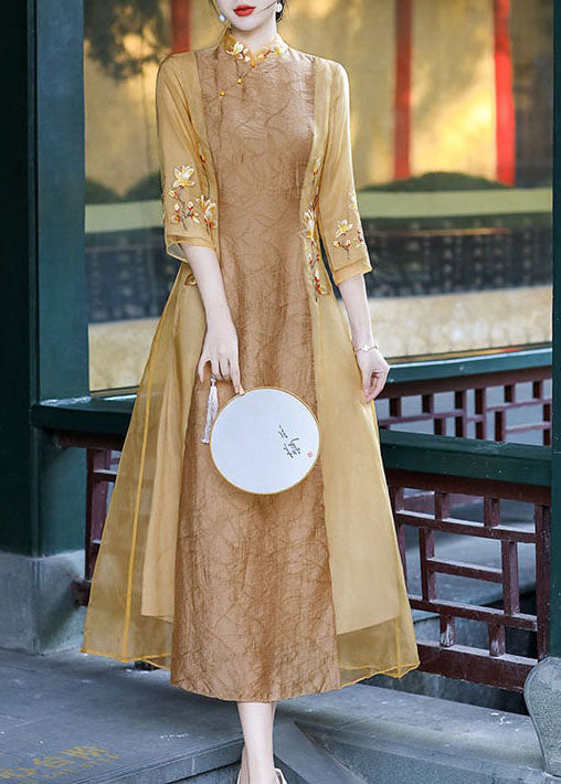 peopleterritory Apricot Patchwork Silk Dress Embroideried Stand Collar Spring LY1717