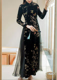 peopleterritory Art Black Embroideried Side Open Silk Velour Ankle Dress Spring LY1668