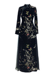 peopleterritory Art Black Embroideried Side Open Silk Velour Ankle Dress Spring LY1668