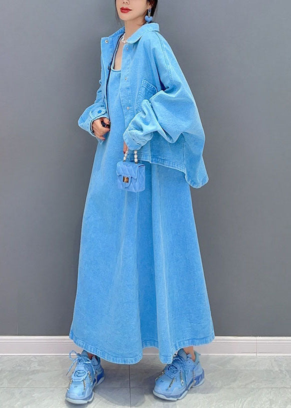 peopleterritory Art Blue Peter Pan Collar Patchwork Coat And Dress Denim Two Pieces Set Spring LC0337