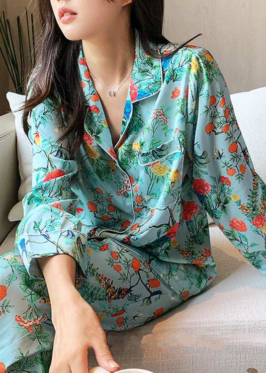 peopleterritory Art Green Notched Print Button Ice Silk Pajamas Two Pieces Set Long Sleeve LY1881