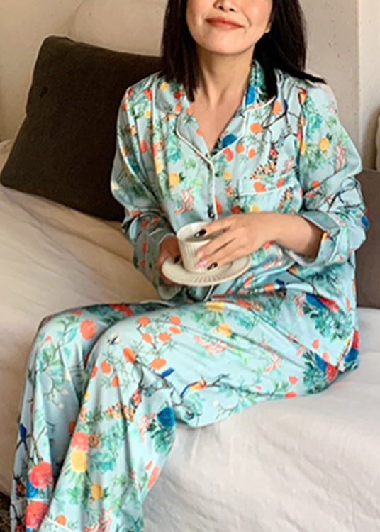 peopleterritory Art Green Notched Print Button Ice Silk Pajamas Two Pieces Set Long Sleeve LY1881