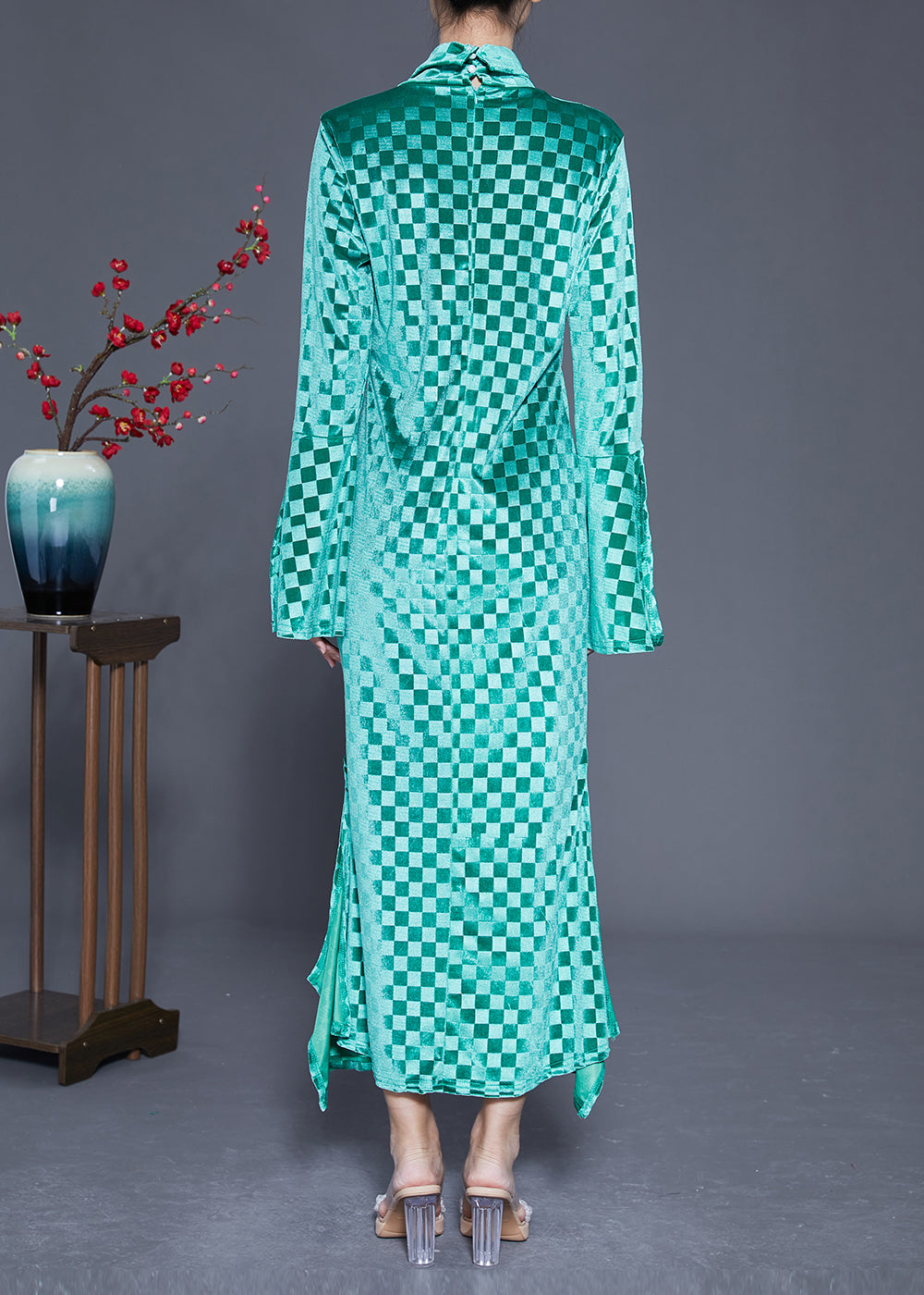 peopleterritory Art Green Stand Collar Plaid Side Open Silk Velour Long Dress Flare Sleeve LY1841