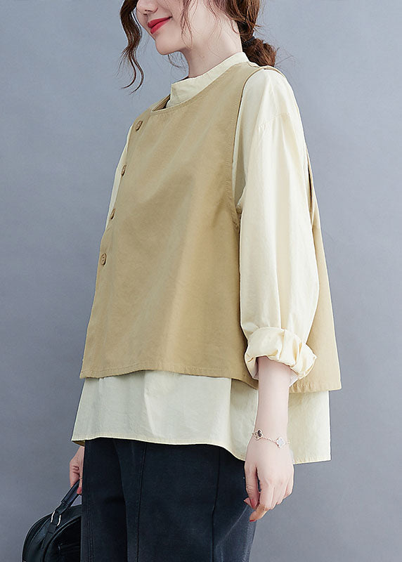 peopleterritory Art Khaki Stand Collar Asymmetrical Button Cotton Vest Two Piece Set Outfits Spring LY1512