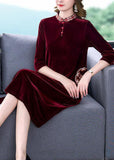 peopleterritory Art Mulberry Mandarin Collar Embroideried Silk Velour A Line Dress Half Sleeve LY1675