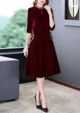 peopleterritory Art Mulberry Mandarin Collar Embroideried Silk Velour A Line Dress Half Sleeve LY1675