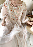 peopleterritory Beautiful Apricot O-Neck Embroideried Tulle Patchwork Maxi Dresses Half Sleeve TI1054