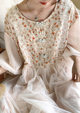 peopleterritory Beautiful Apricot O-Neck Embroideried Tulle Patchwork Maxi Dresses Half Sleeve TI1054