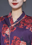 peopleterritory Beautiful Purple Print Lace Up Side Open Silk Long Dress Bracelet Sleeve LY1838