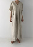 peopleterritory Beige Cozy Linen Holiday Dresses V Neck Pockets Summer LY1329