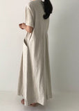 peopleterritory Beige Cozy Linen Holiday Dresses V Neck Pockets Summer LY1329