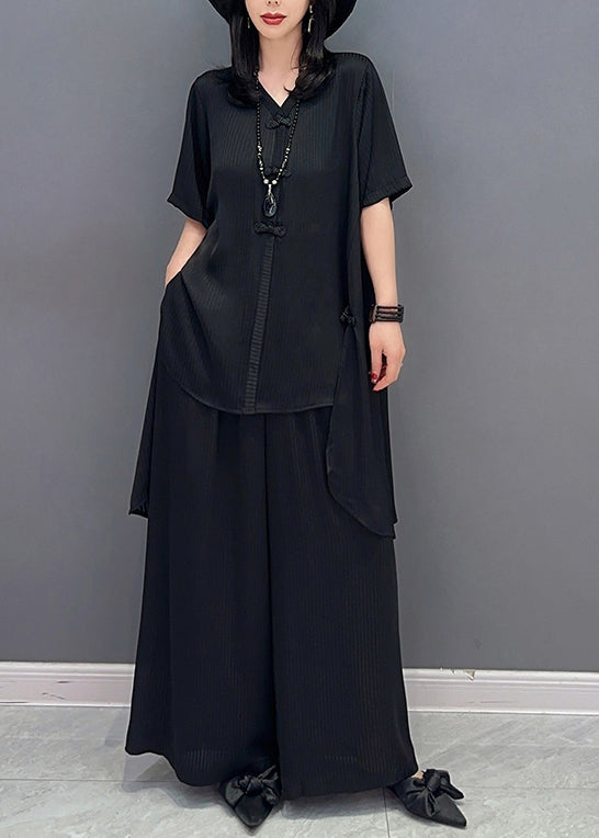 peopleterritory Black Button Solid Shirts And Wide Leg Pants Two Piece Set Half Sleeve LC0356