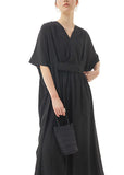 peopleterritory Black Patchwork Cotton Long Dresses V Neck Wrinkled Summer LY1150