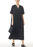 peopleterritory Black Patchwork Cotton Long Dresses V Neck Wrinkled Summer LY1150