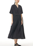 peopleterritory Black Patchwork Cotton Long Dresses V Neck Wrinkled Summer LY1150